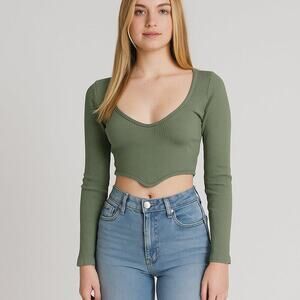 2/$30 ZARA Long Sleeve Ribbed Knit Crop Top Sage Small #A1381